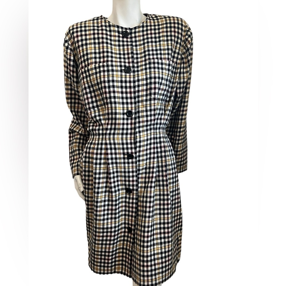 Emanuel Ungaro Plaid Black Cream  Wool Midi Dress Vintage Size 8/42